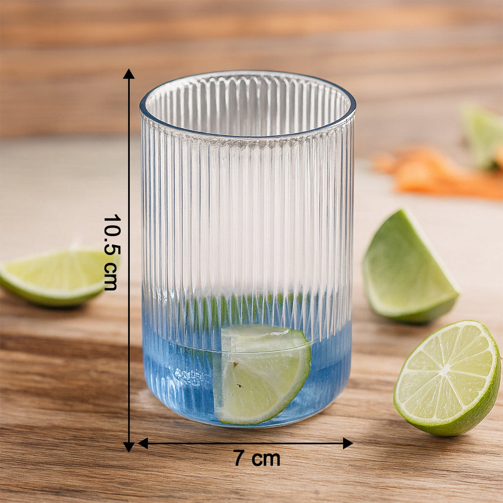 Top view of six Supermom ribbed plastic glasses in a set