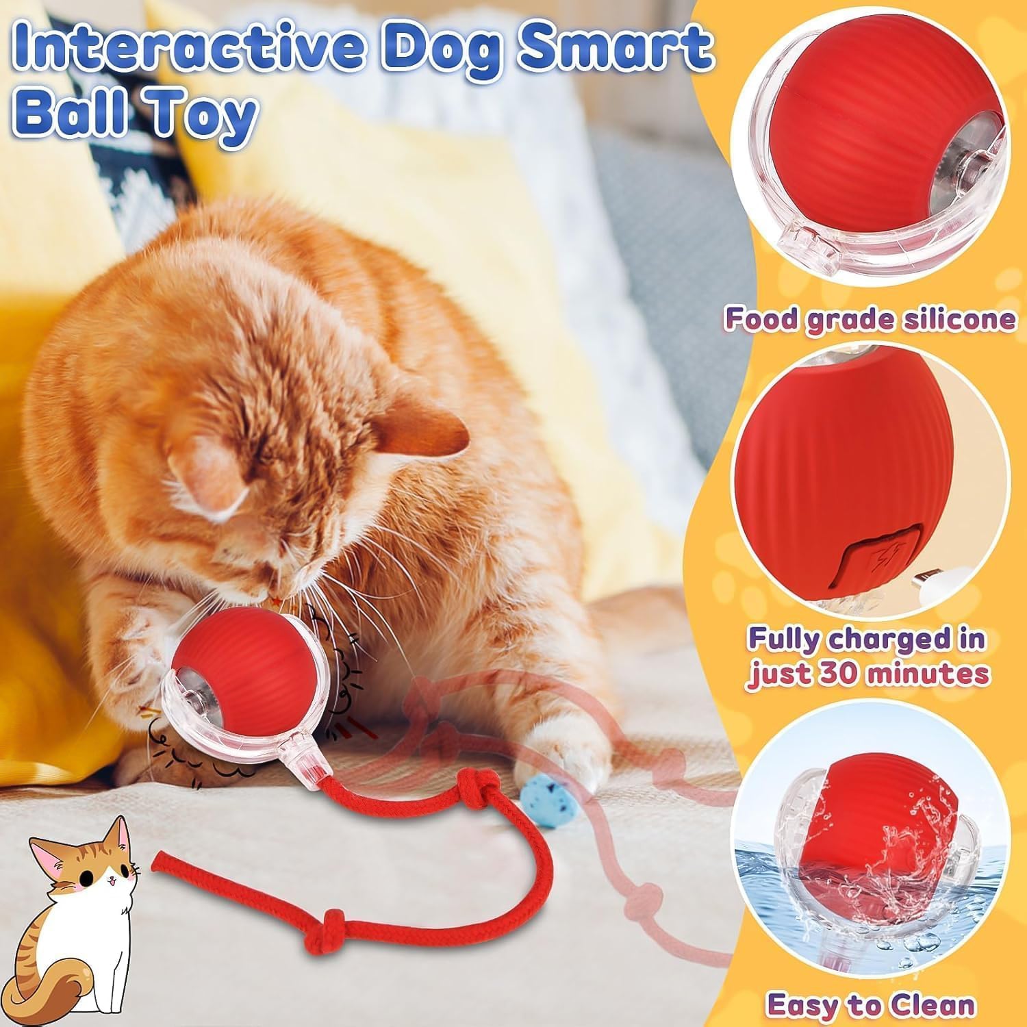 Durable interactive cat toy ball with detachable braided tail component