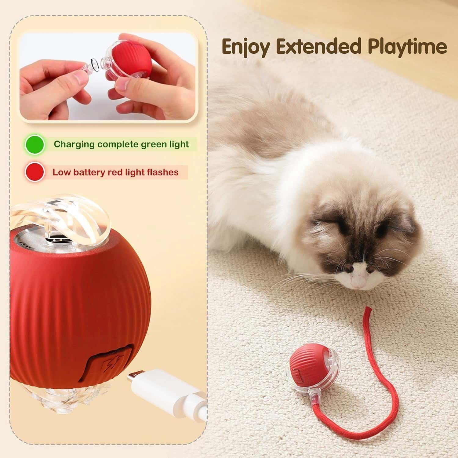 Close-up of interactive cat toy ball showing LED light and power button