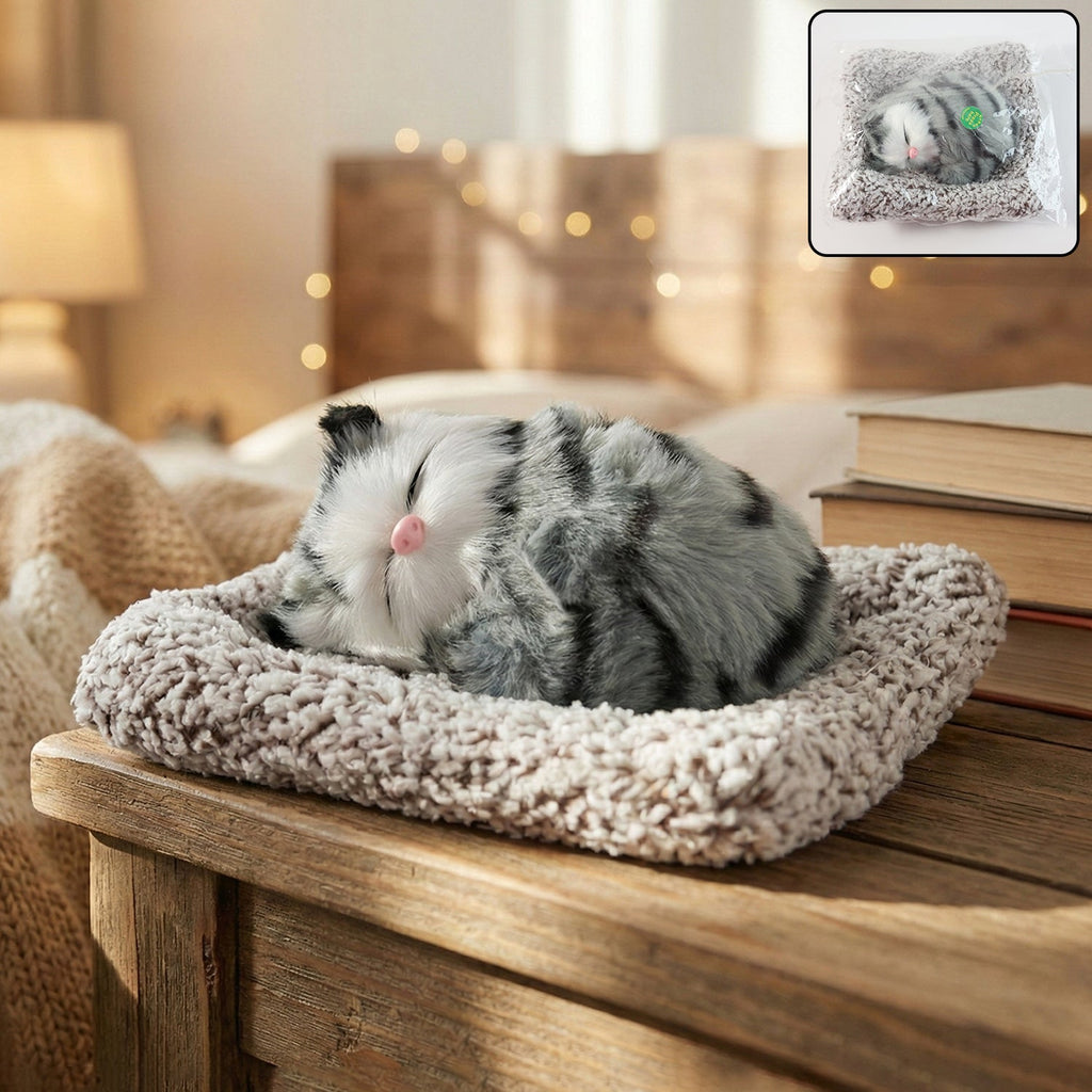 Closed-eye plush cat toy showcasing soft fabric for car dashboard decor