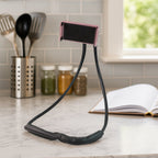 Mobile bracket on flexible neck phone holder securely holding smartphone