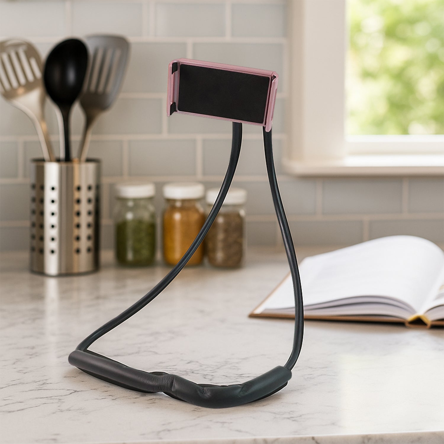 Mobile bracket on flexible neck phone holder securely holding smartphone