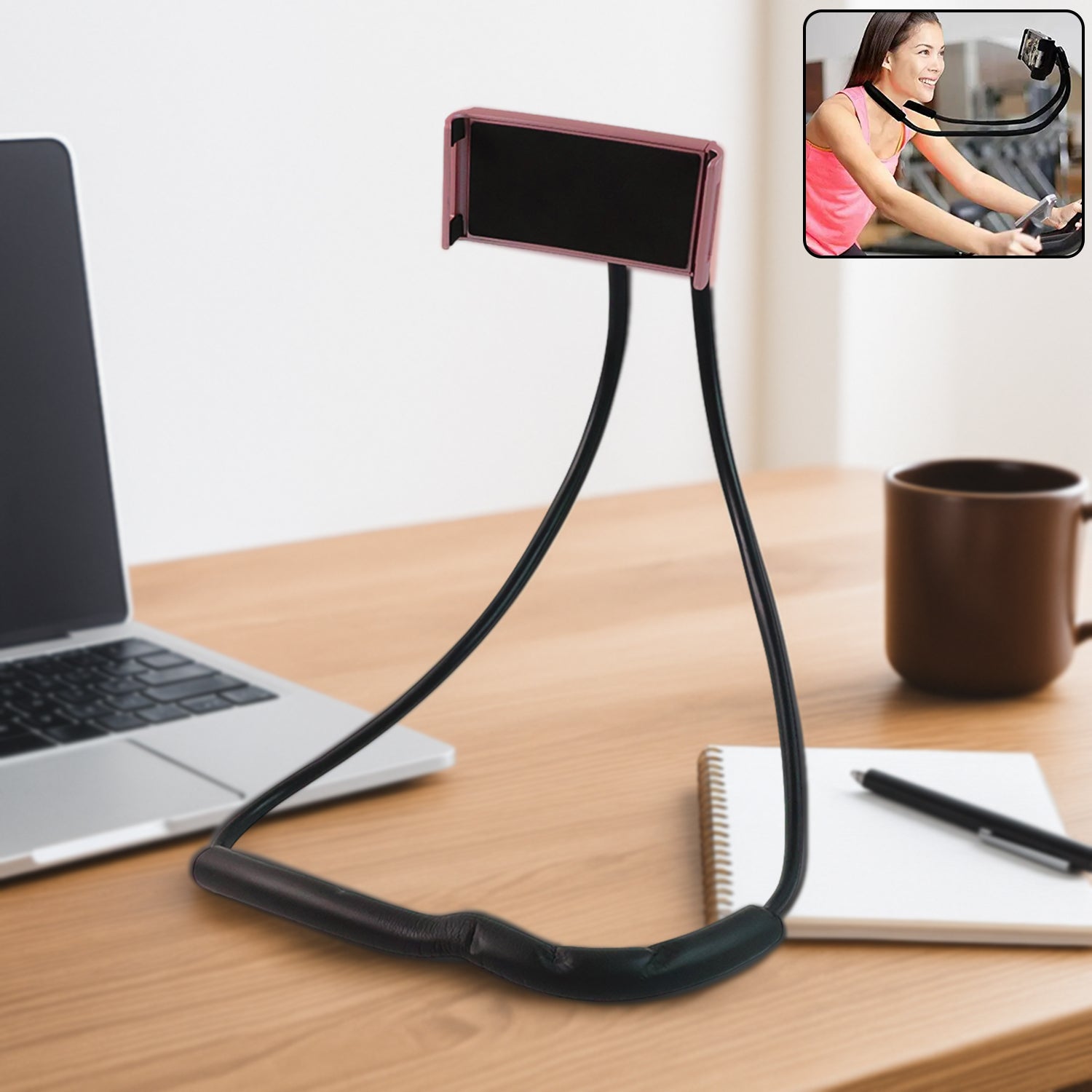 Flexible neck phone holder displaying hands-free mobile use by 