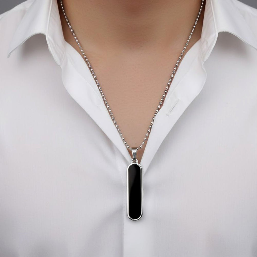 Glossy minimalist bar pendant showing smooth rounded edges