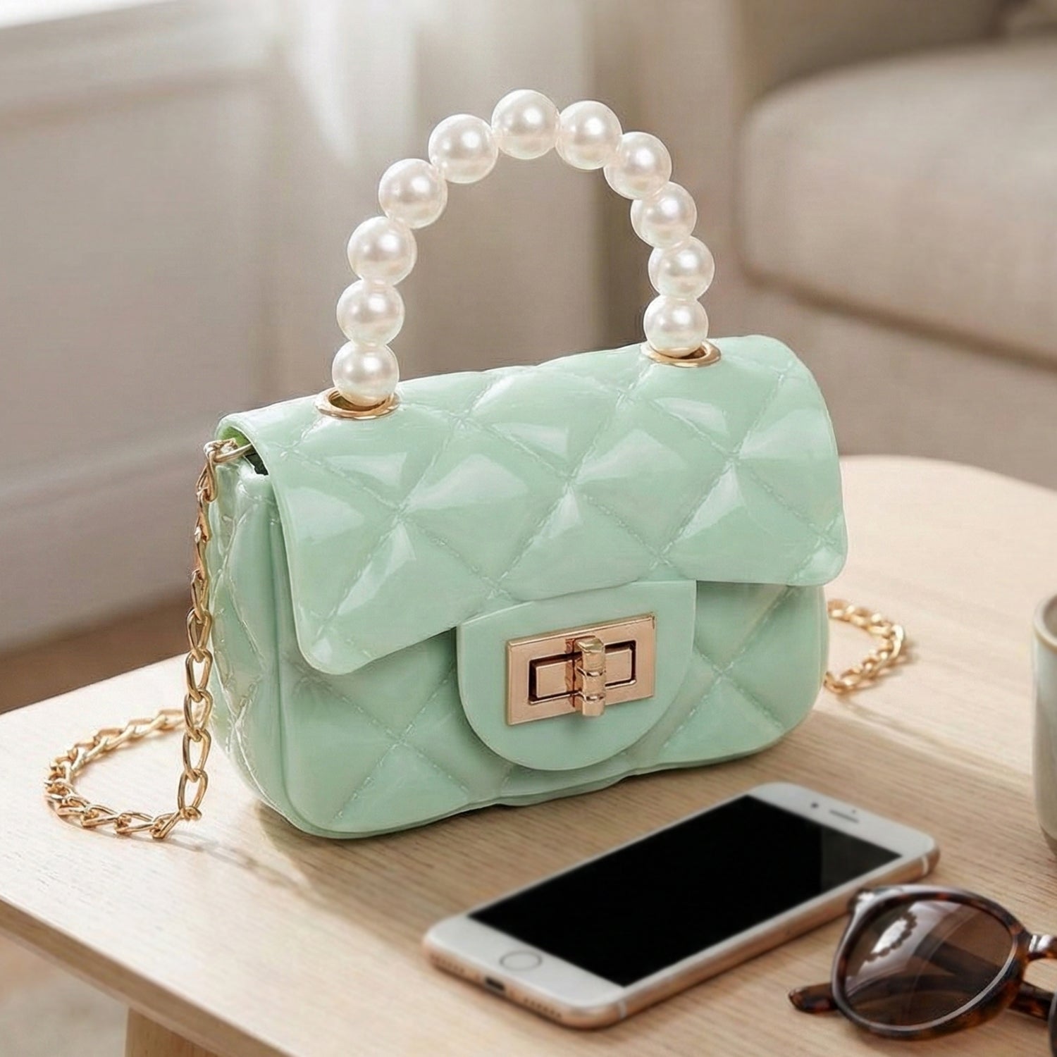 Close-up image highlighting the quilted pattern on a stylish mini handbag