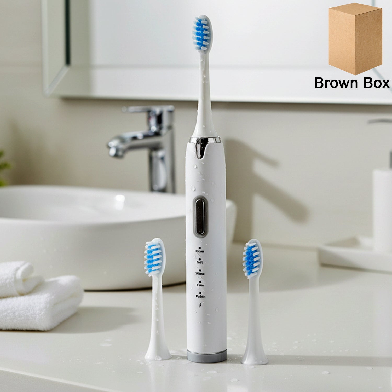 Rechargeable electric toothbrush with USB charging cable packed in brown box