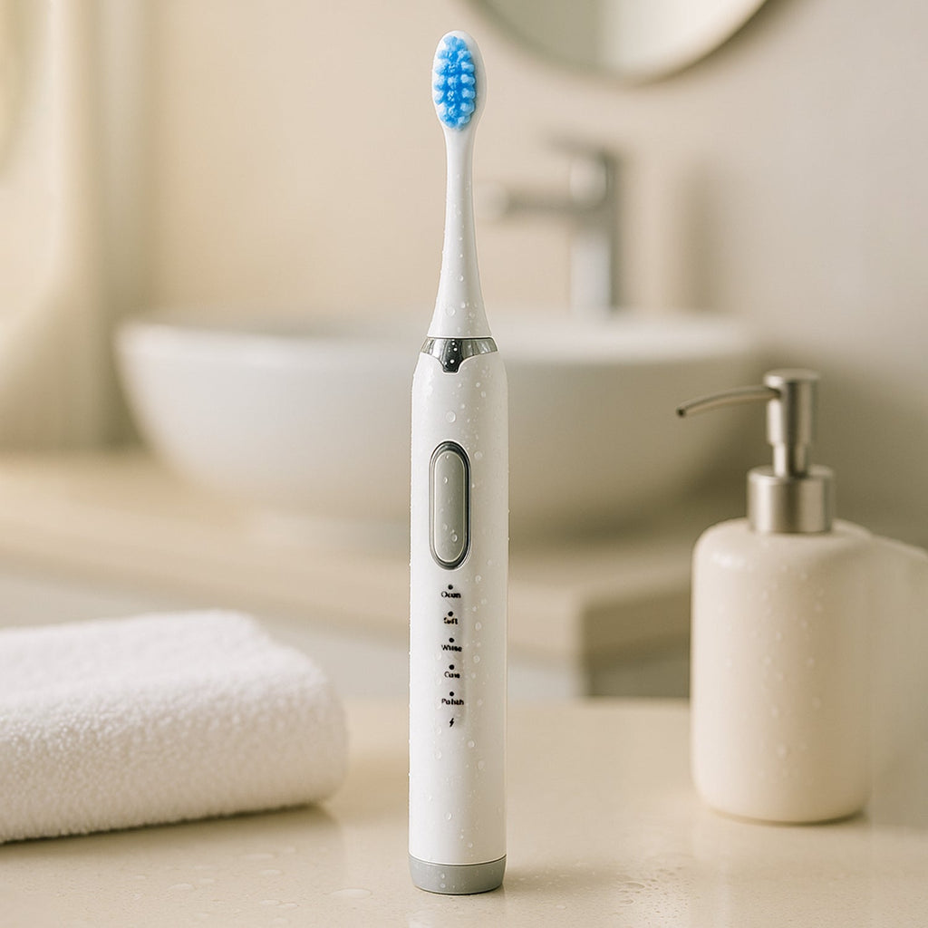 Close-up of smart electric toothbrush sonic cleaner with mode indicators