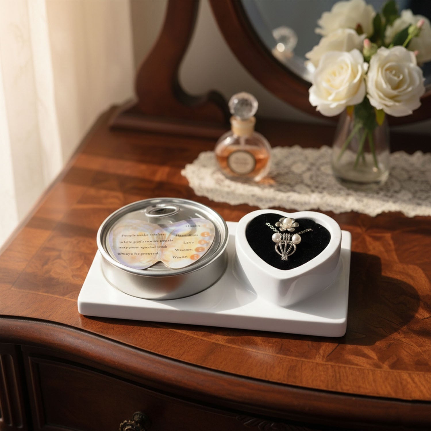 Gift presentation of pearl necklace set with heart box and message card