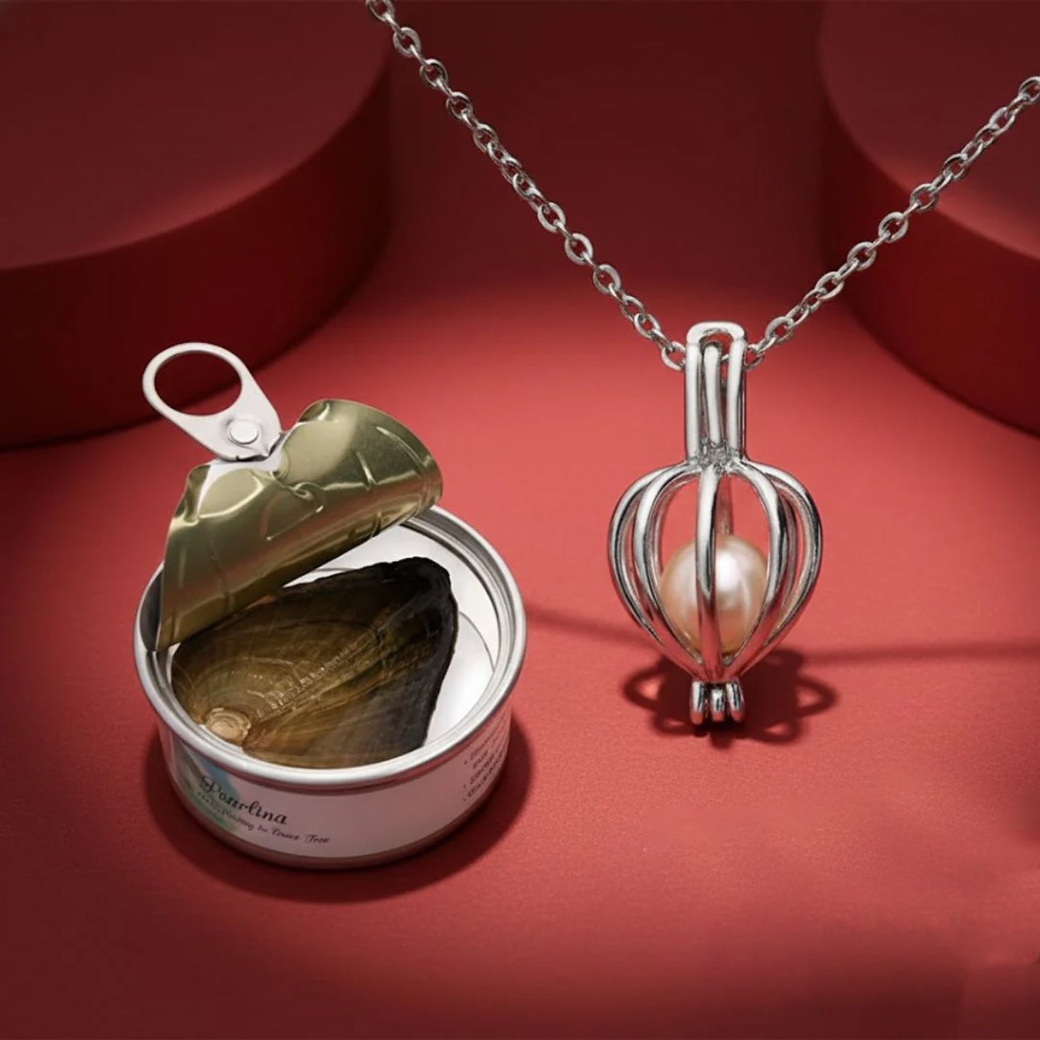 Close-up of decorative heart box for pearl necklace gift set