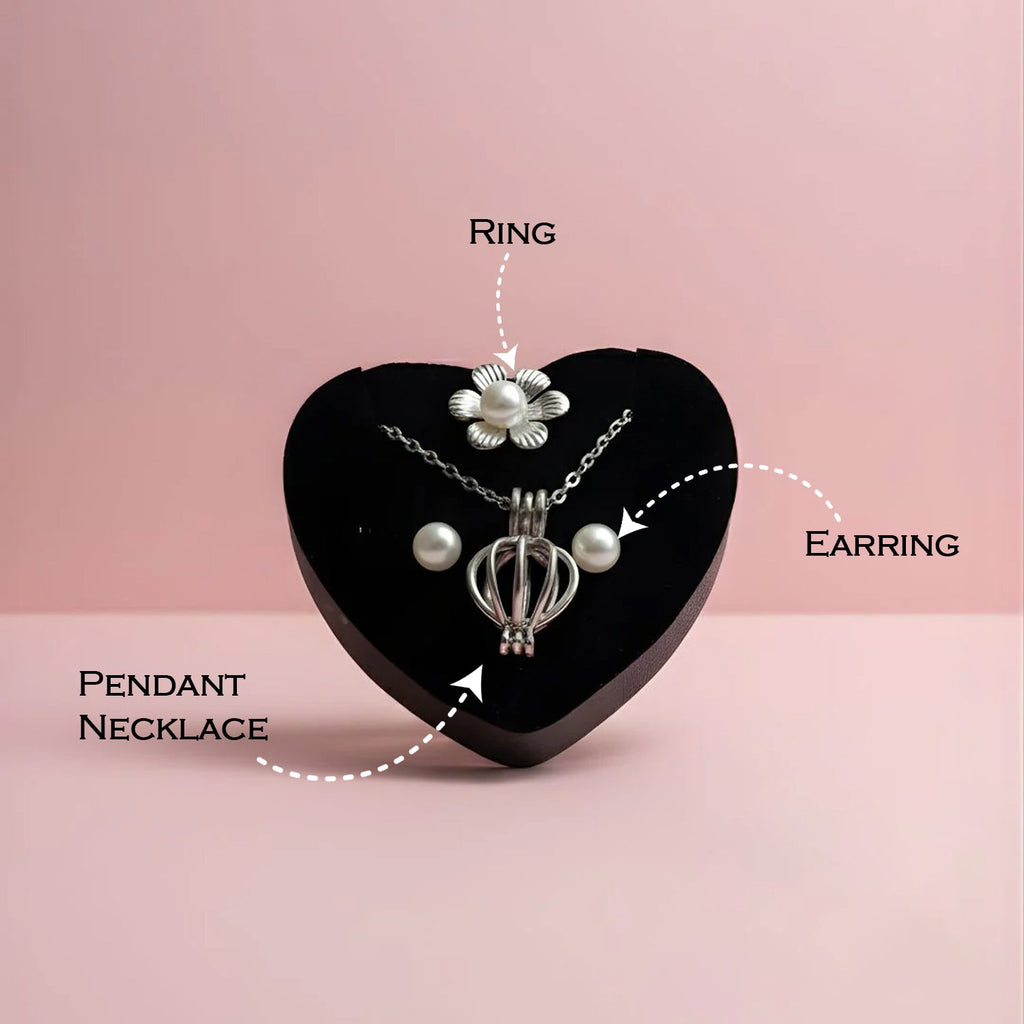 Close-up view of pearl necklace pendant in gift set