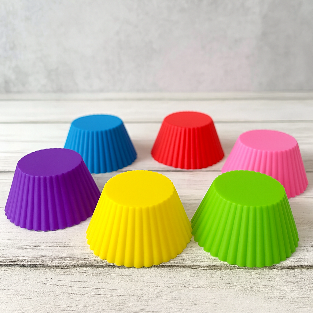 Close-up of flexible silicone cupcake molds, showcasing their non-stick material.