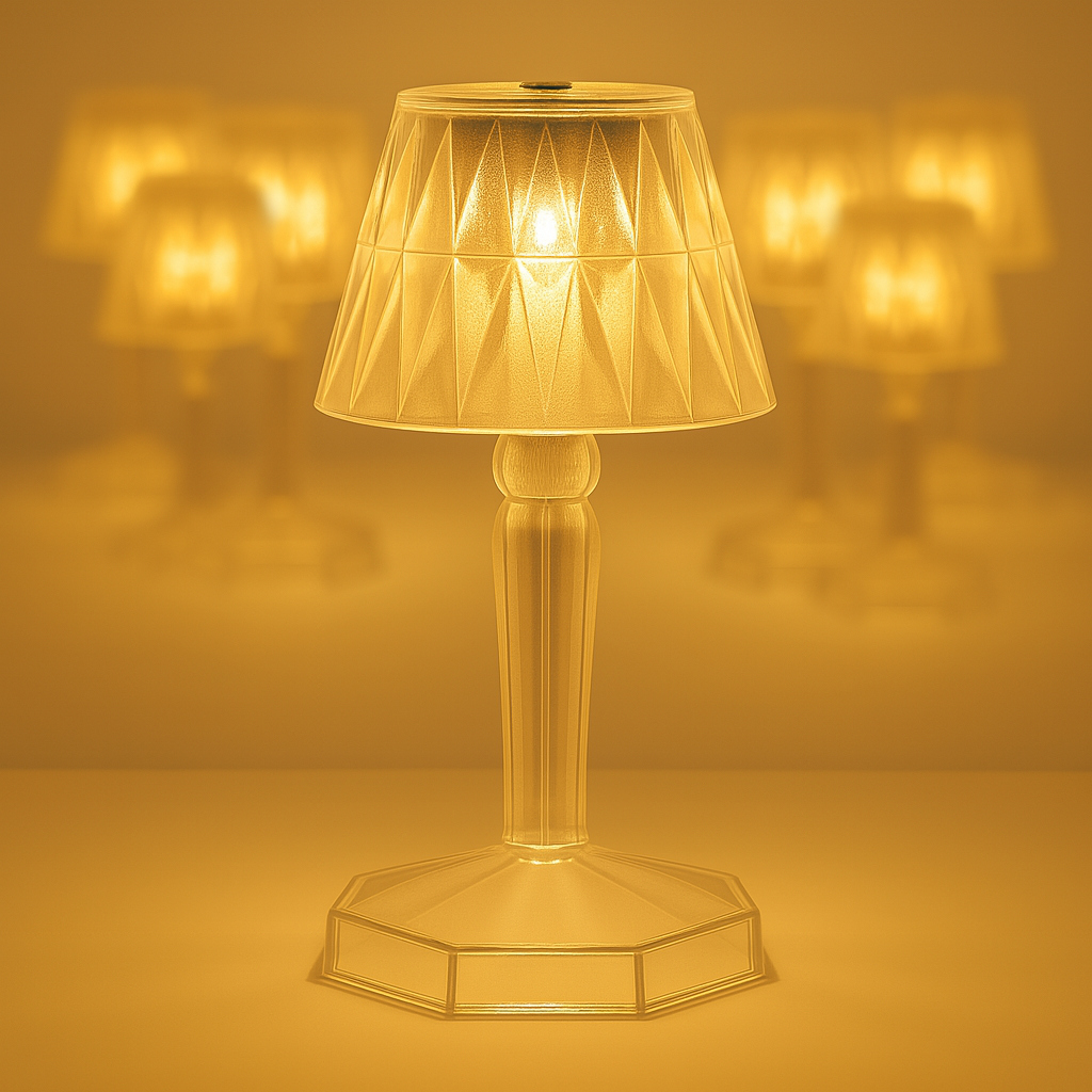 The crystal table lamp showcasing its unique reflection light effect in a dark room.