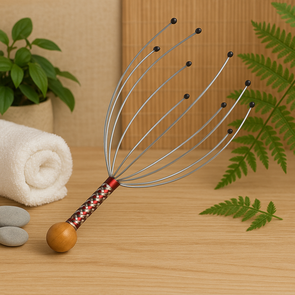 Close-up of the portable handheld scalp massager, showing its smooth resin nubs.
