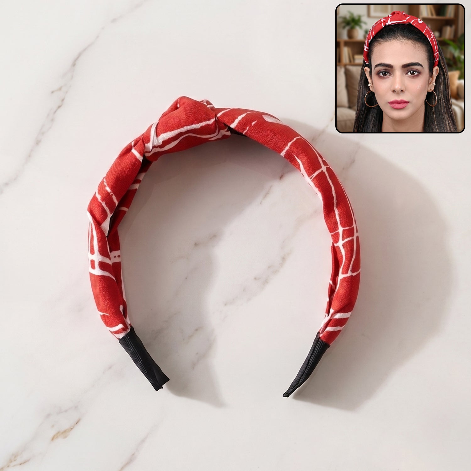 Red and white printed knot design hairband for women