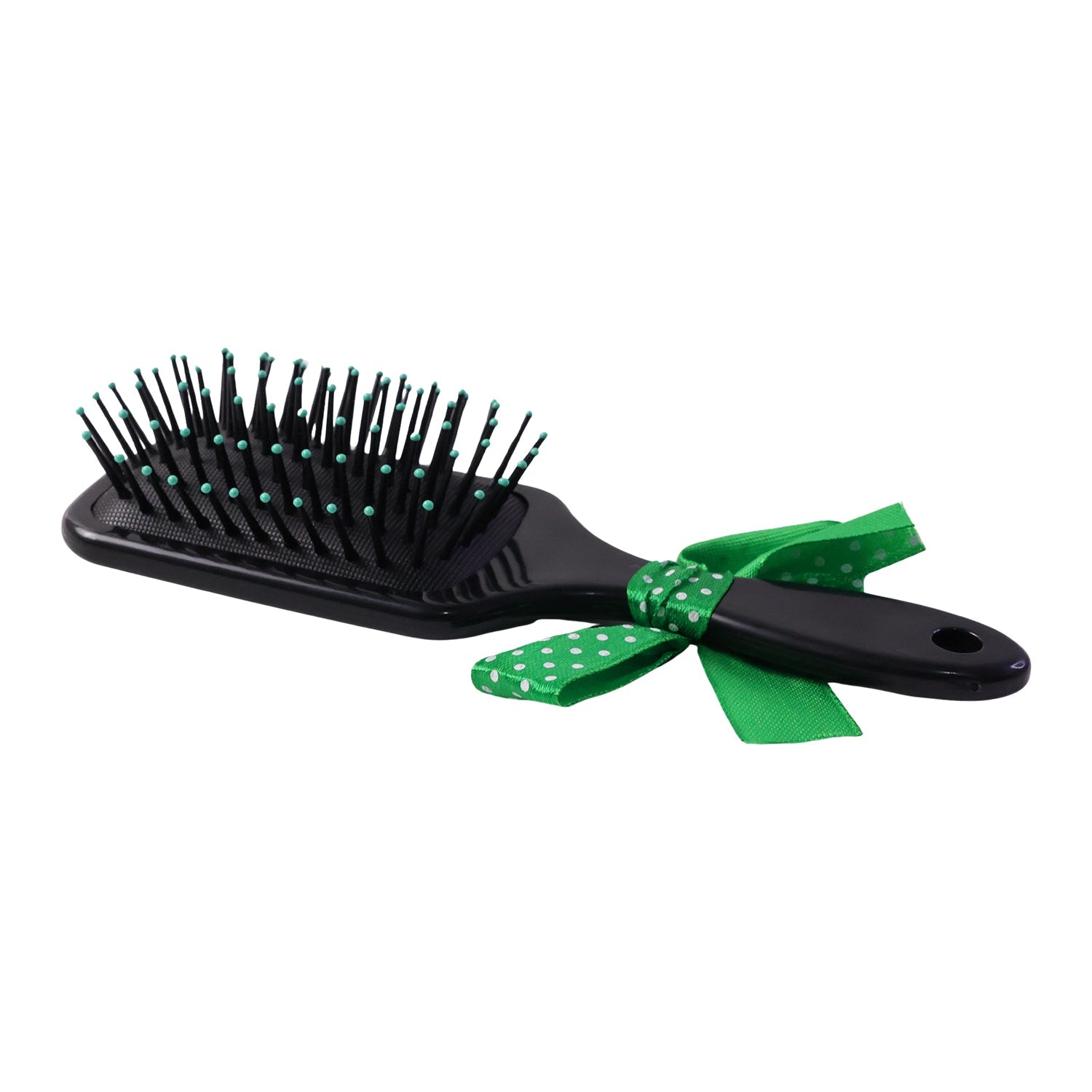Portable kids hair brush with soft bristles and cute ribbon bow handle.
