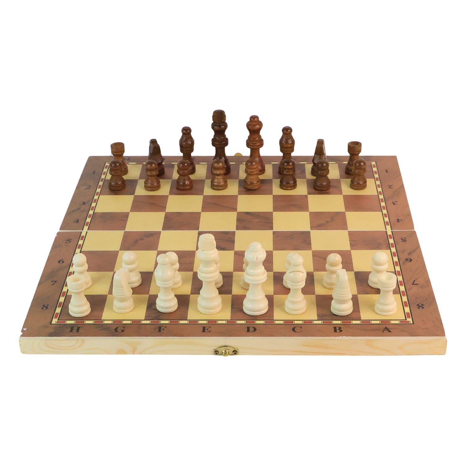 A game in progress on the Folding Wooden Chess Board, with hands moving chess pieces.
