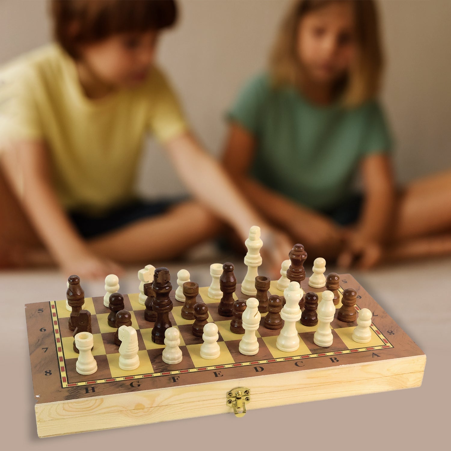 Close-up of the finely crafted wooden chess pieces, showcasing their polished finish and detail.