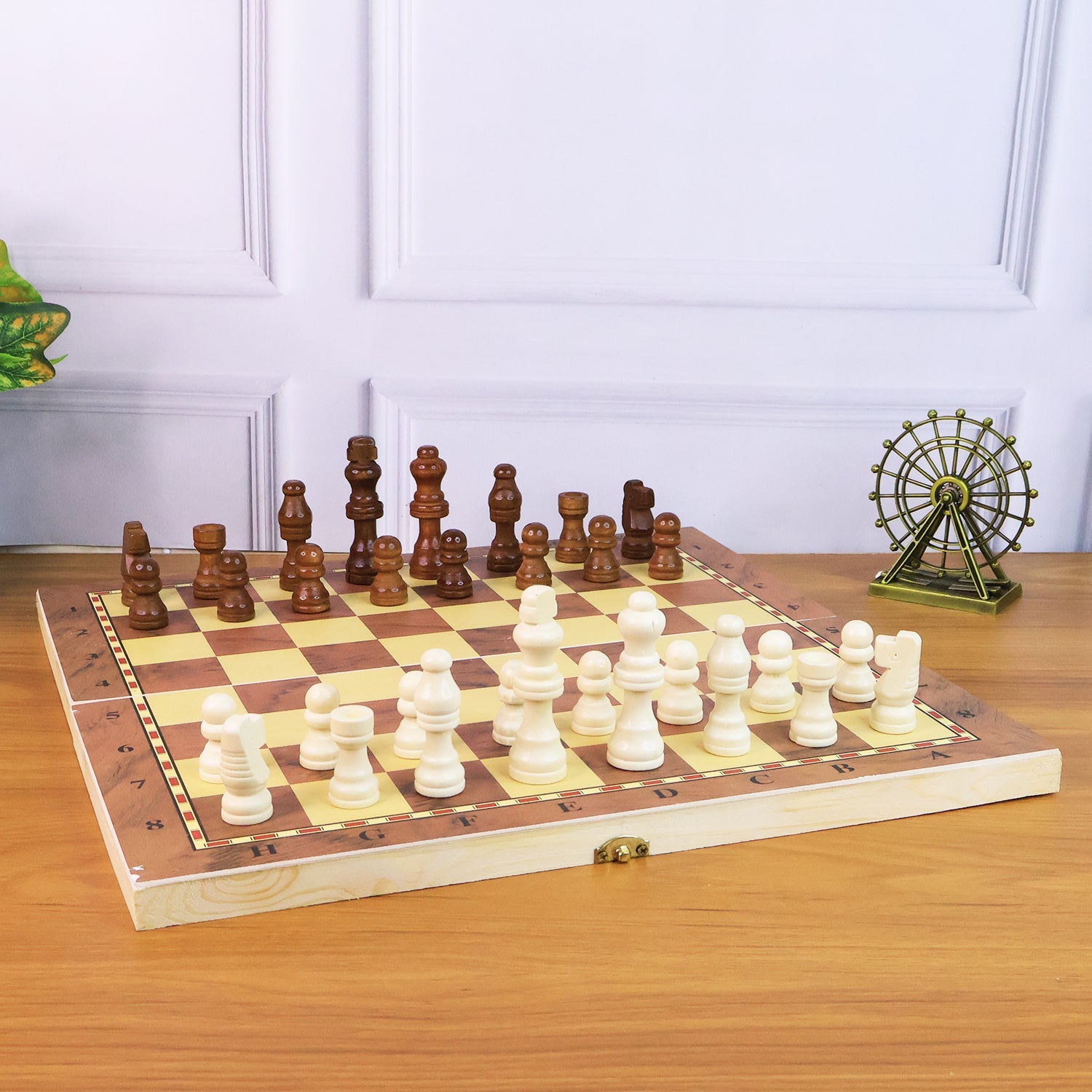 Side view of the open Folding Wooden Chess Board, emphasizing its sturdy wooden construction.