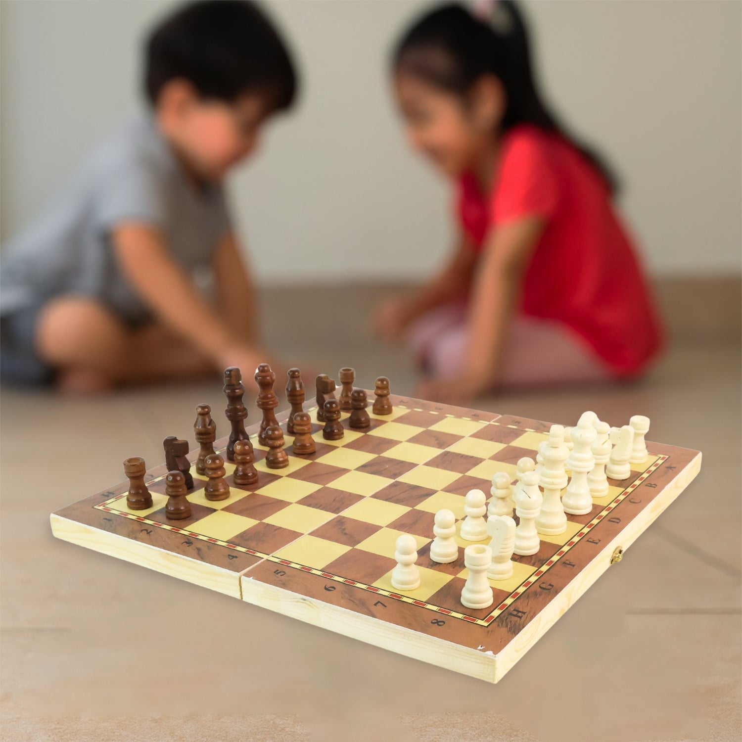 Elegant setup of the wooden chess board and pieces, ready for a strategic session.