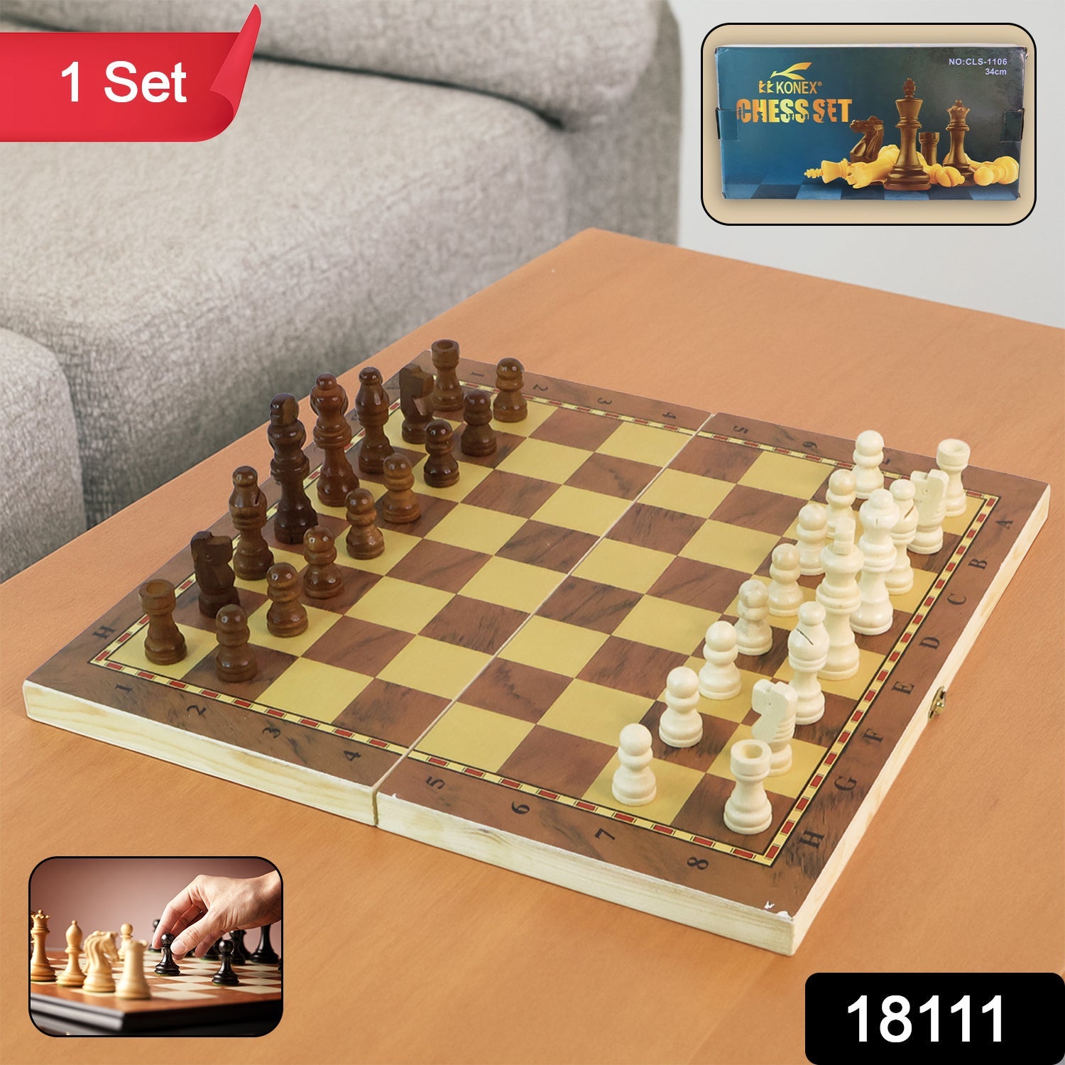 Top-down view of the open wooden chess board with polished brown and yellow chess pieces.