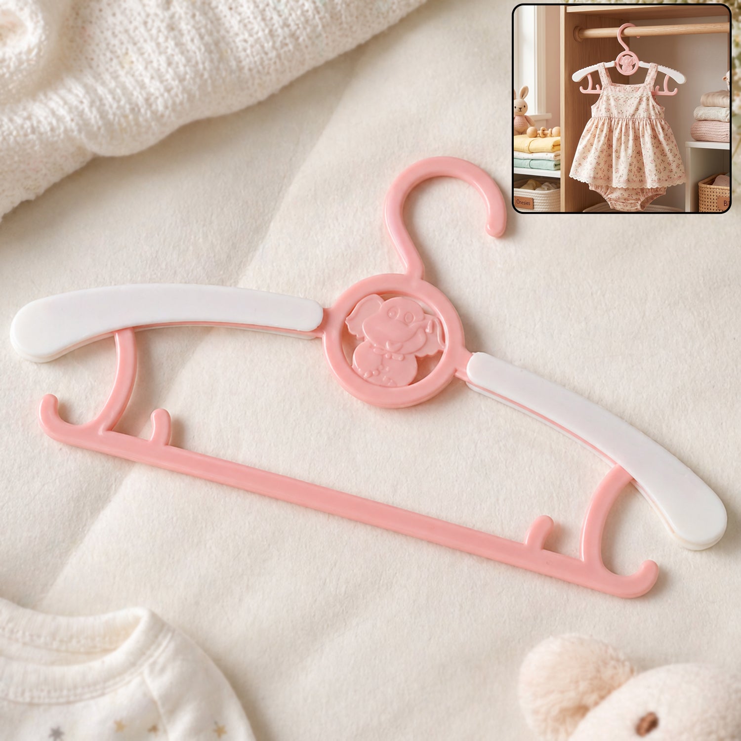 Colorful plastic kids clothes hanger with playful design
