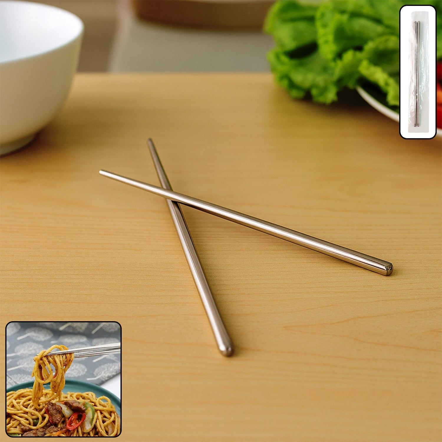 A pair of premium stainless steel reusable chopsticks on a clean background.