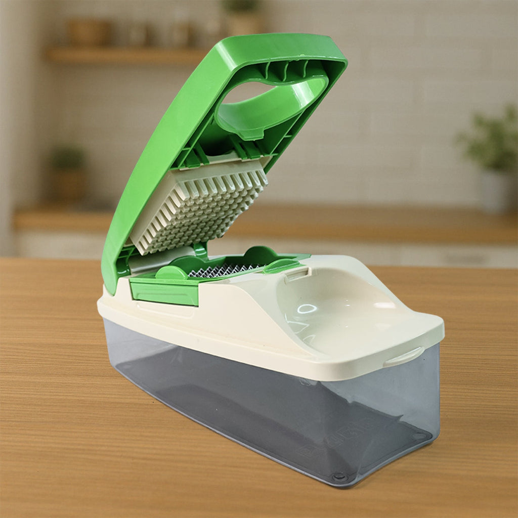 Compact fruit and vegetable dicer suitable for everyday kitchen tasks