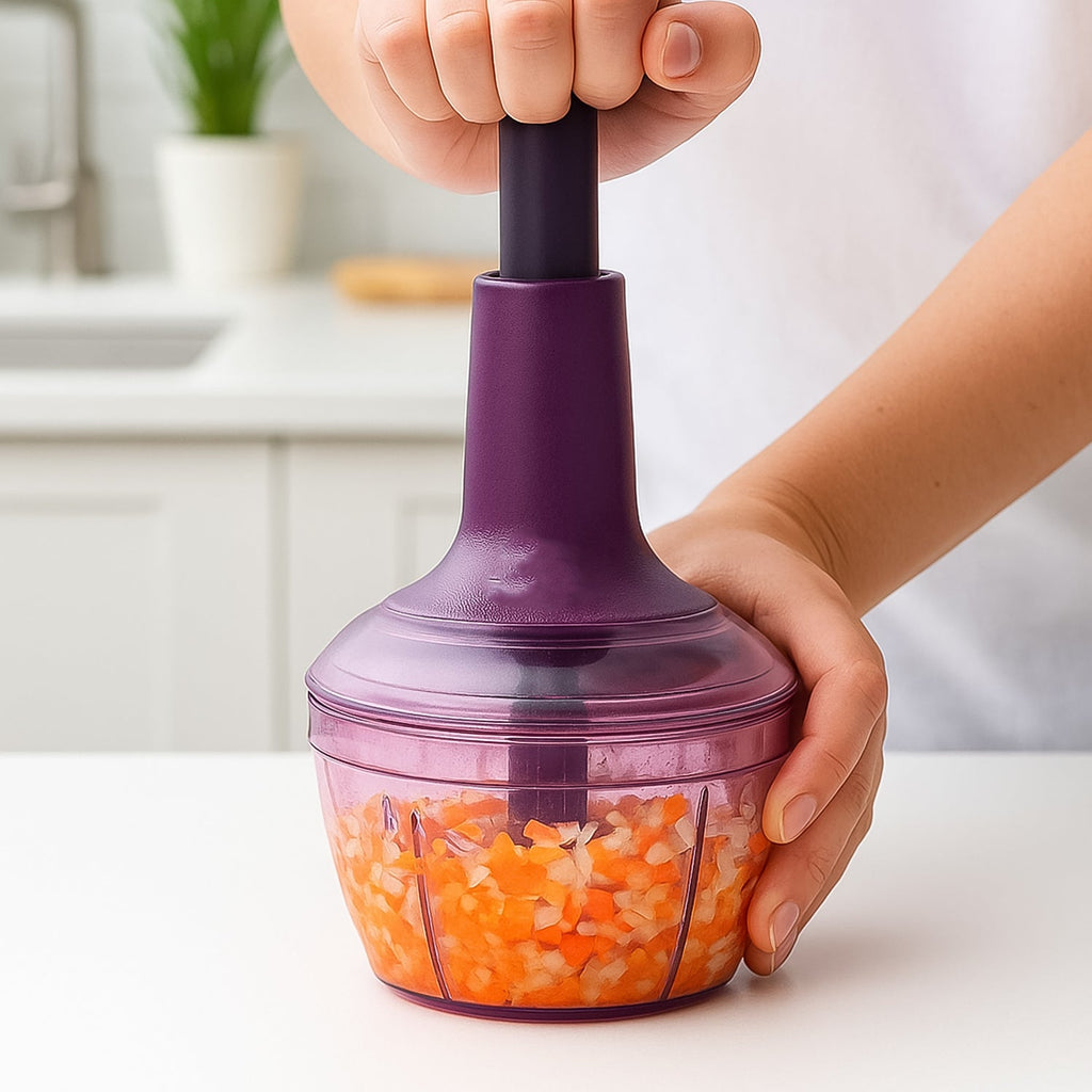 Side view of manual push vegetable chopper with stainless steel blades and clear container