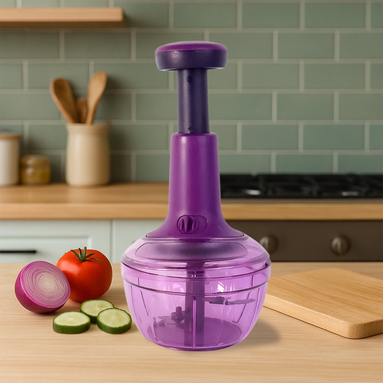Vegetable cutter and chopper with ergonomic handle and durable plastic body