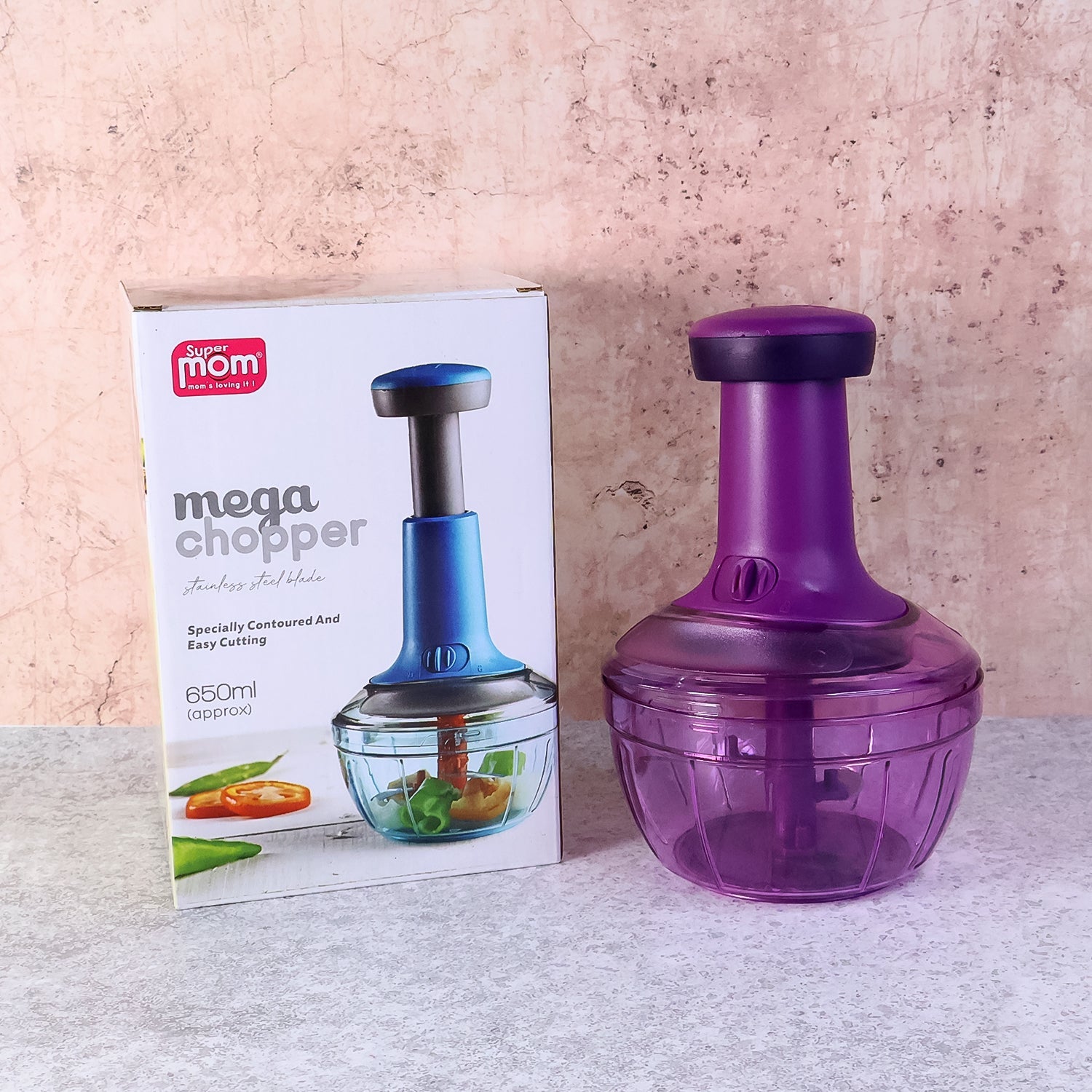 Manual push vegetable chopper ready for quick chopping of onions and garlic
