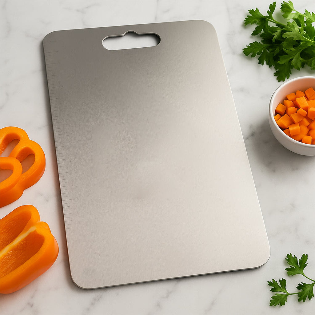 Front view of stainless steel cutting board ideal for vegetables and fruits