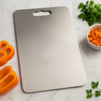 Front view of stainless steel cutting board ideal for vegetables and fruits