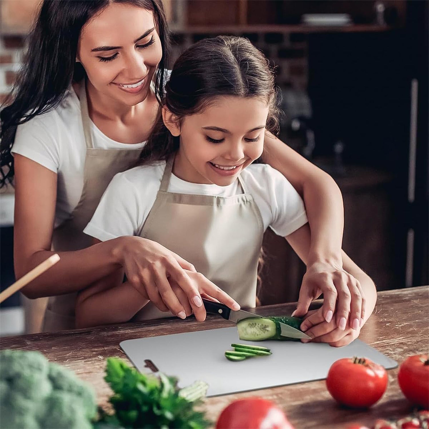Close-up of smooth stainless steel surface vegetable and fruit cutting board