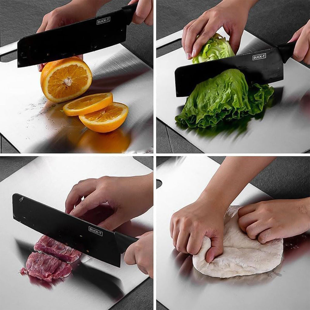 Stainless steel cutting board showing integrated measurement markings for precise cuts