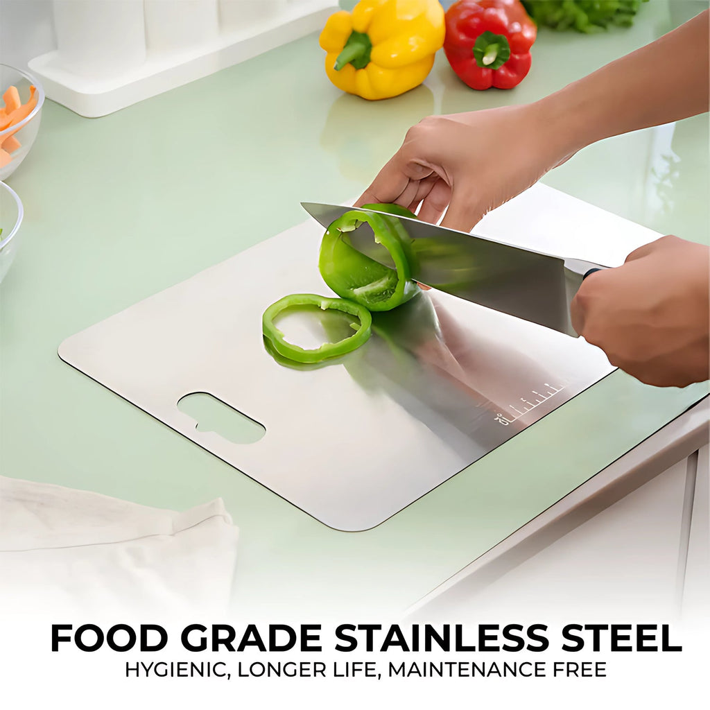 Cooking preparation using stainless steel cutting board for fruits and vegetables