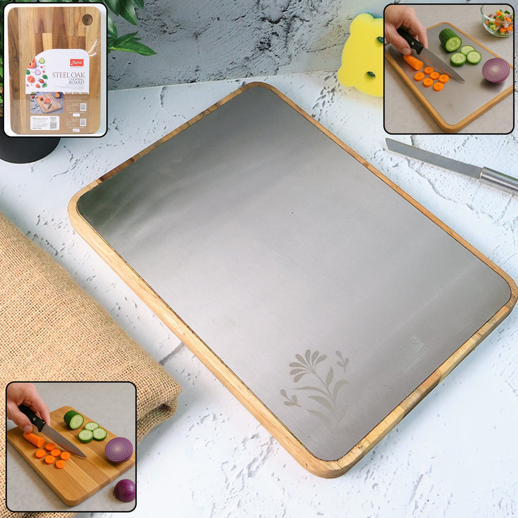 Steel oak cutting board front view with wooden handle, featuring durable stainless steel surface