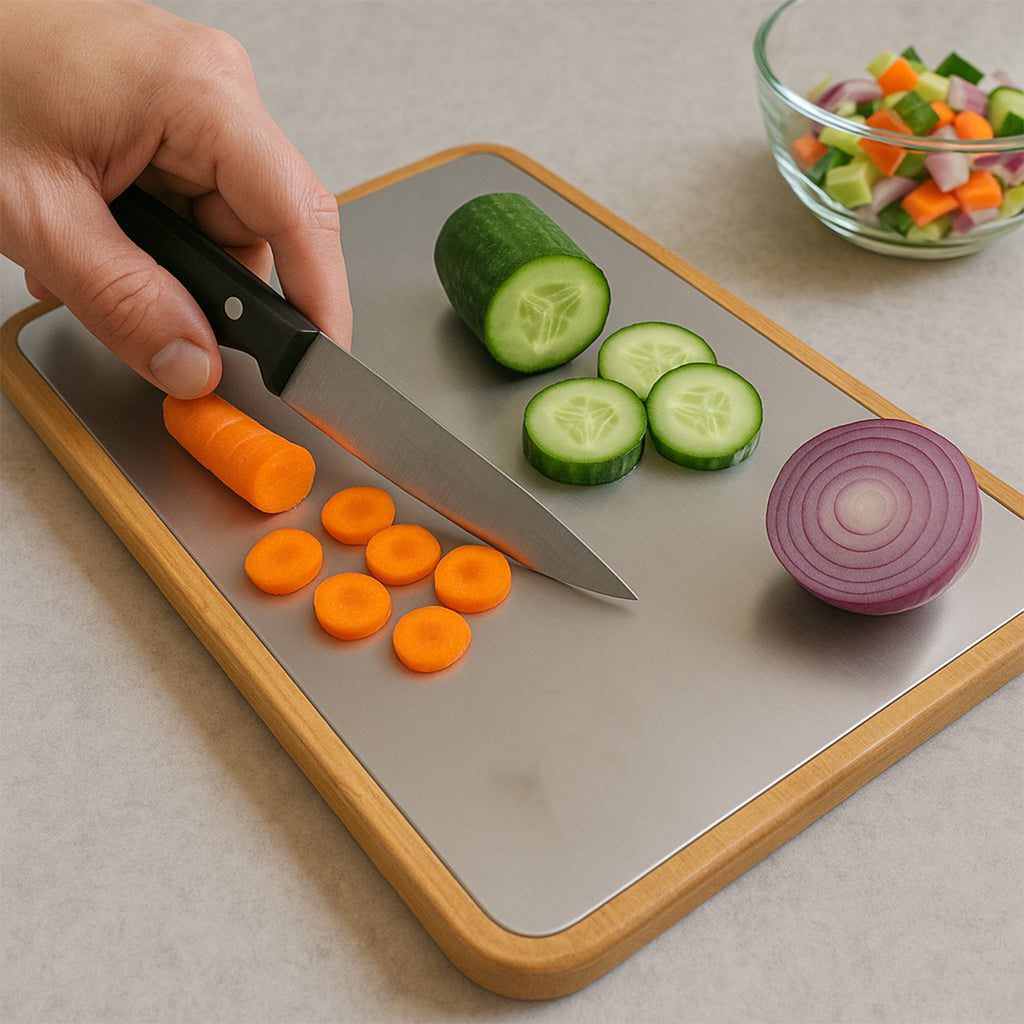 Close-up showing brushed stainless steel cutting surface and smooth wooden edges of the steel oak board