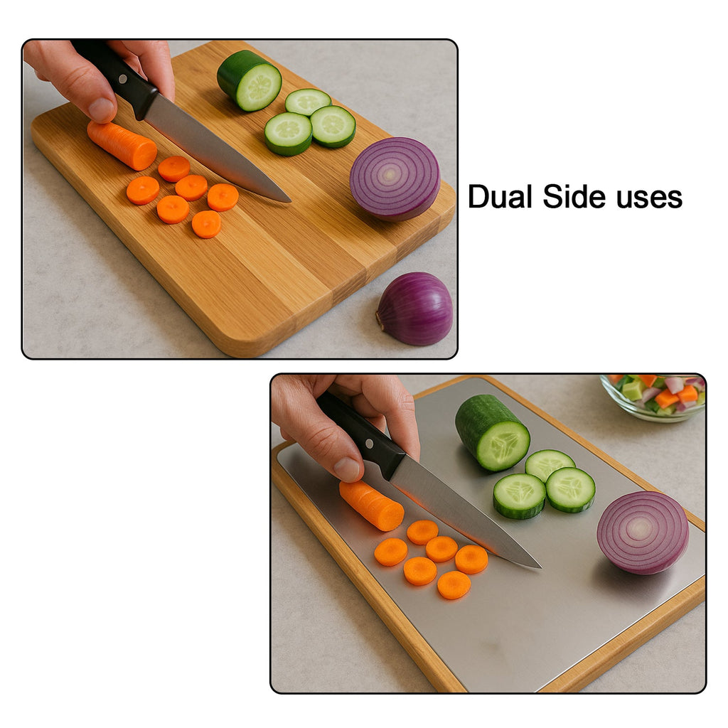 Angled view of steel oak cutting board showing ergonomic wooden handle and steel surface