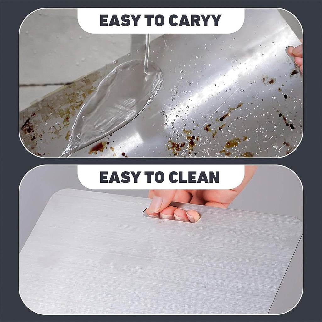 Clean and shiny stainless steel chopping board perfect for fruits and vegetables