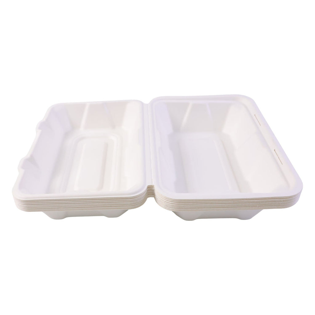 Close-up view of eco-friendly bagasse food container box