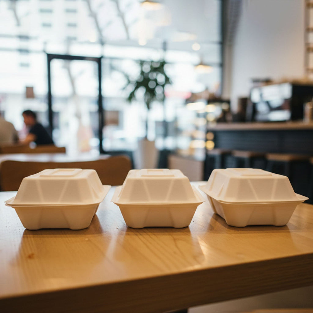 Display of 10 pack compostable meal boxes