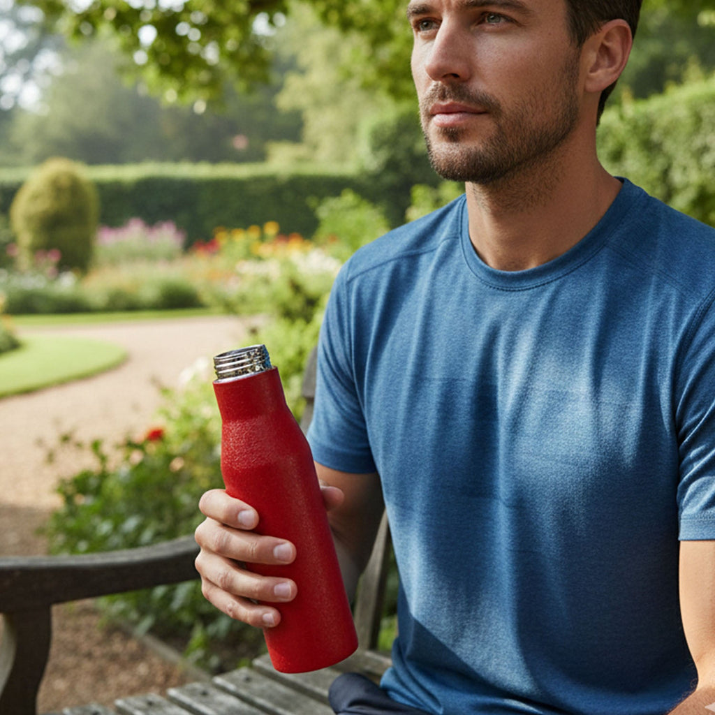 Close-up of leakproof screw cap on red stainless steel bottle