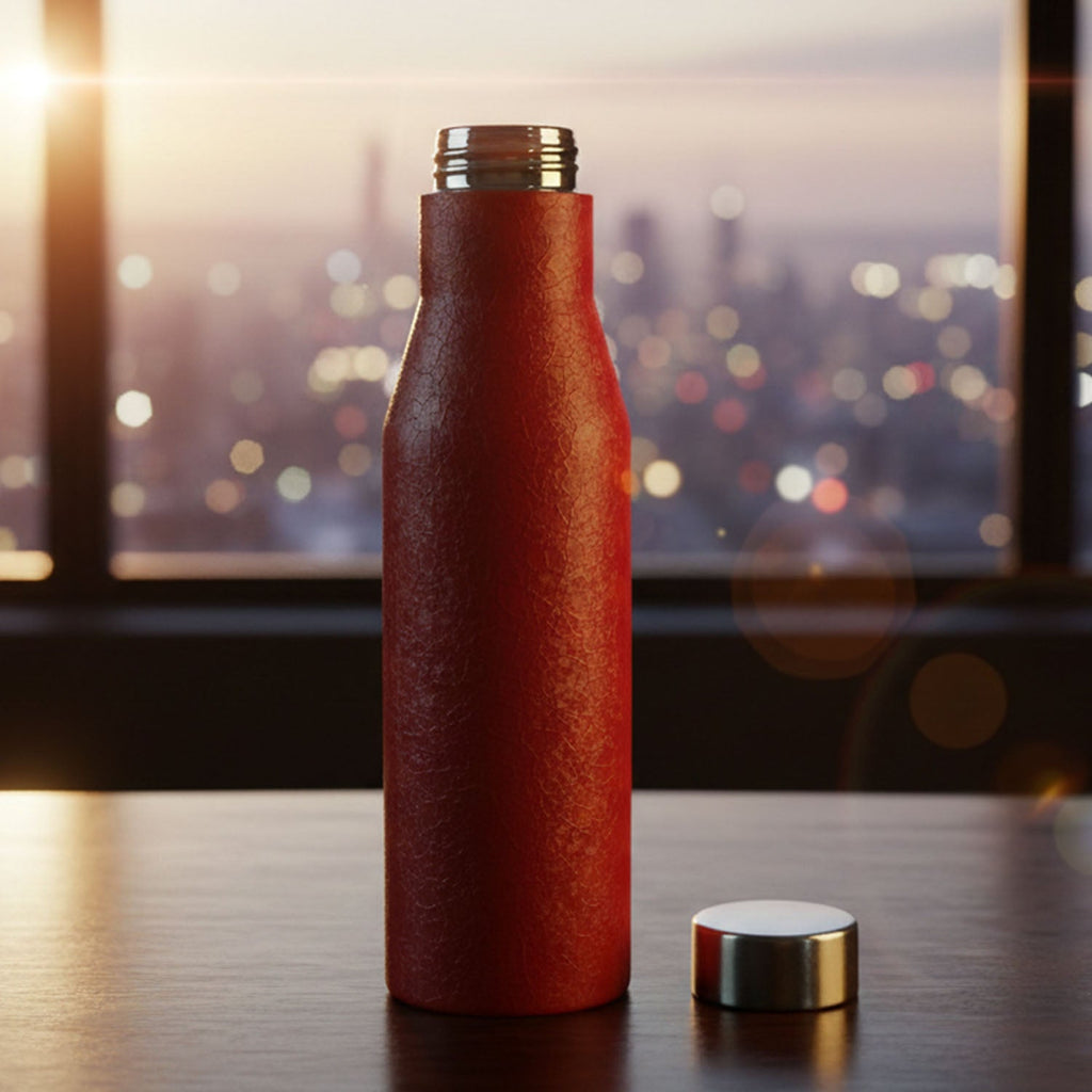 Red insulated water bottle with measurement scale visible