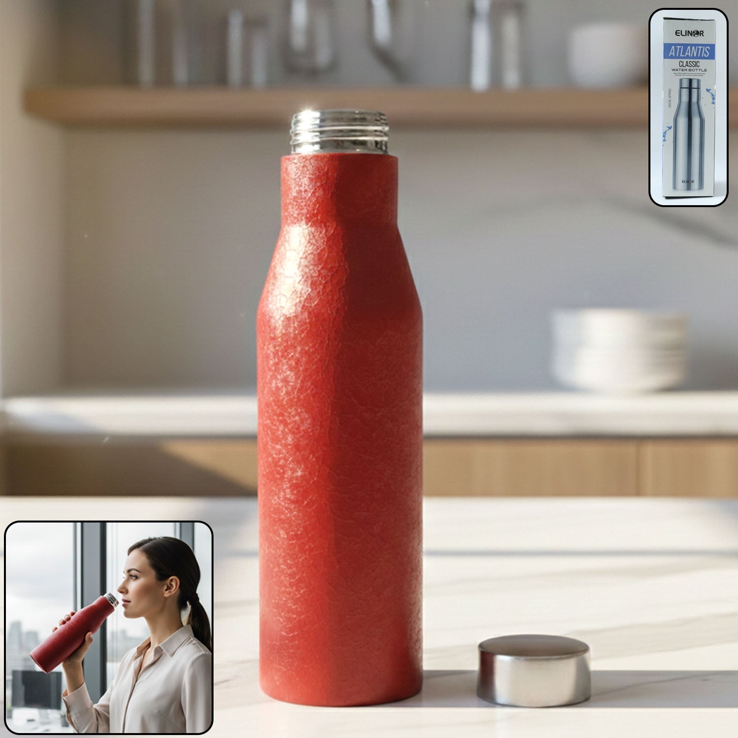 Red insulated stainless steel water bottle with leakproof screw cap