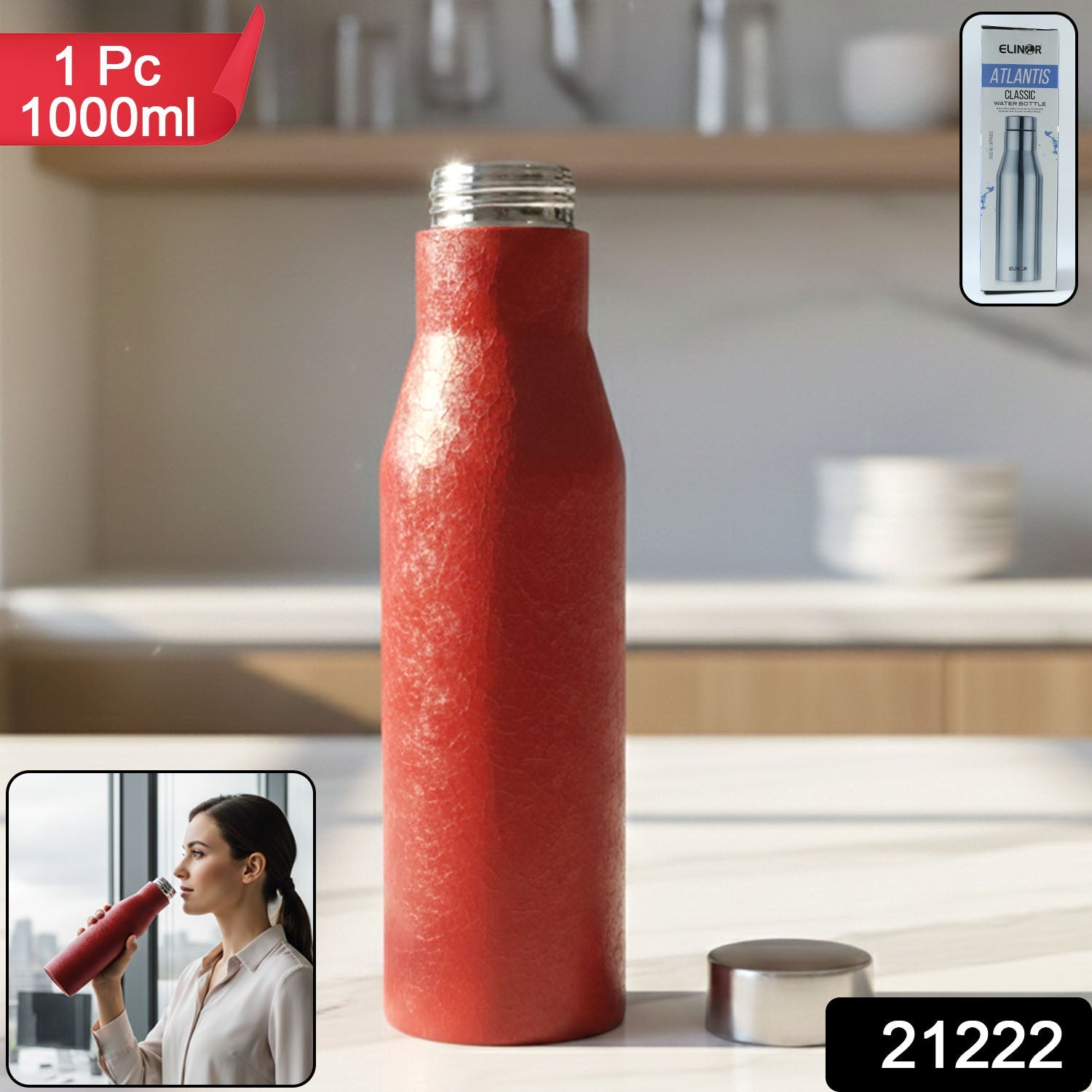 Red stainless steel water bottle showing SKU label