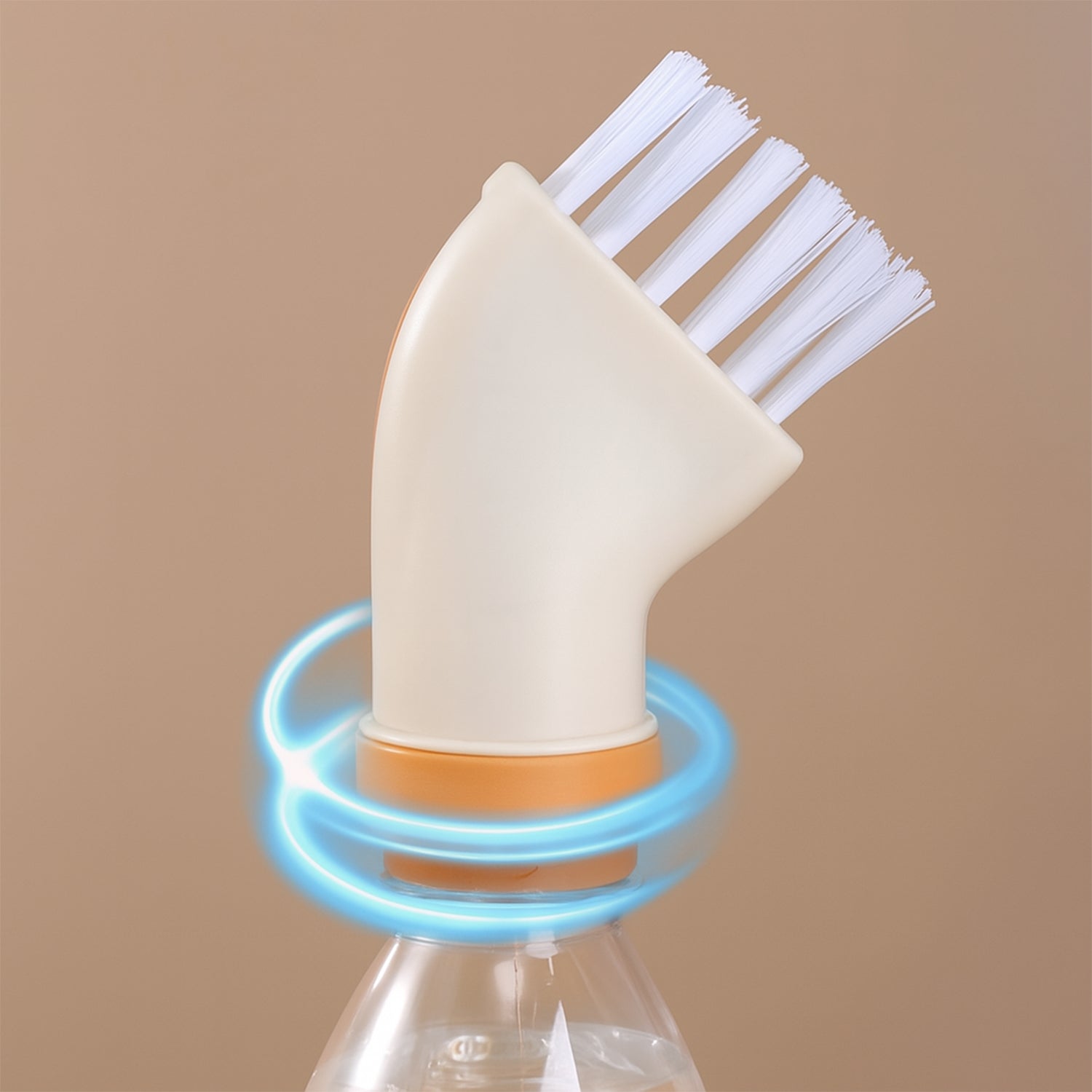 Angled head of bottle-top cleaning brush for tight corner scrubbing