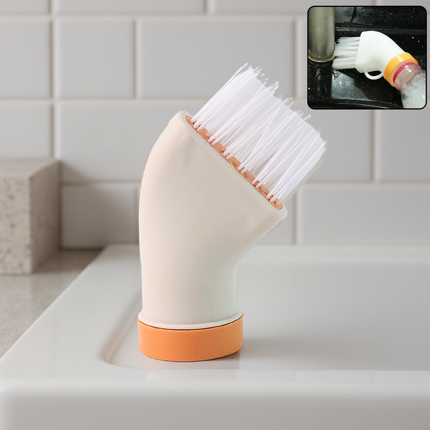 Bottle-attachable cleaning brush with ergonomic handle and bristles