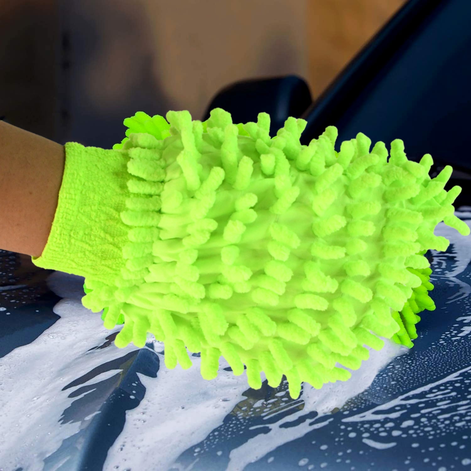 Close up of cleaning surface of microfiber car wash glove mitt
