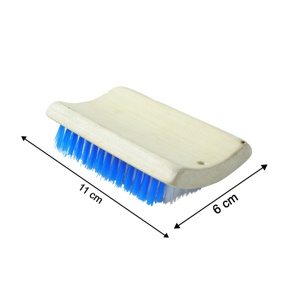 Size comparison showing compact wooden handle hard bristle cleaning brush