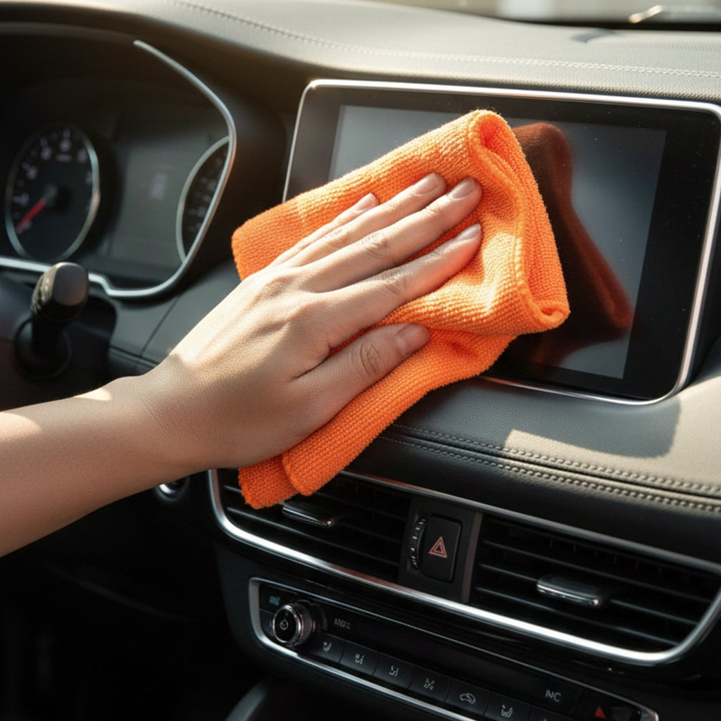 Microfiber cleaning cloth wiping glass surface leaving no streaks